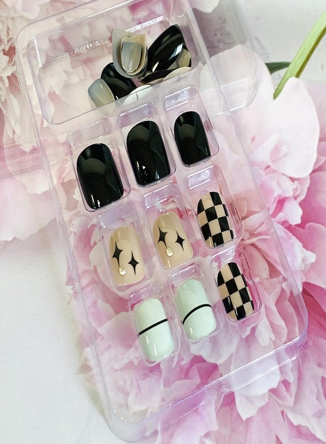 Vezocim Press on Nails Square Short 24Pcs Black Press on Nails Coffin with Plaids Stars Designs Glossy Full Cover Acrylic Short False Nails Glue Fingernails Artificial Fake Nails for Women Girls - Image 5